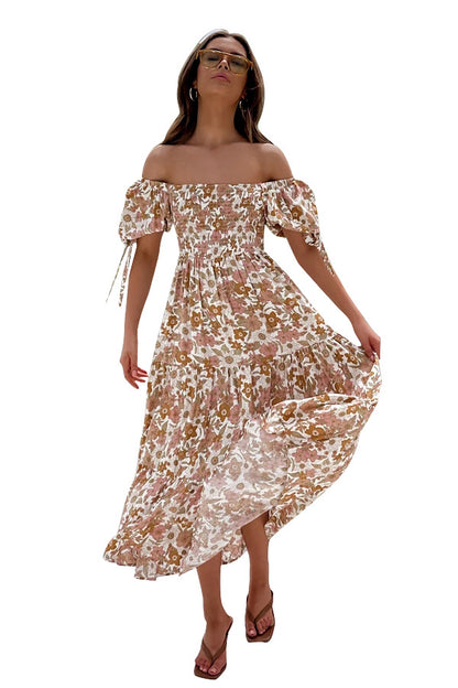 Spring Summer Elegant off-Shoulder Short Sleeve Lace-up Large Maxi Dress for Women