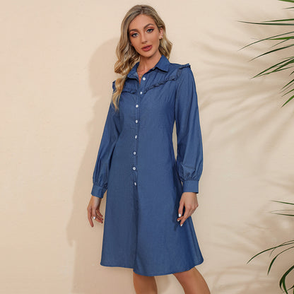 Spring Autumn Women Clothing Collared Wooden Ear Solid Color Denim Long Sleeve Dress