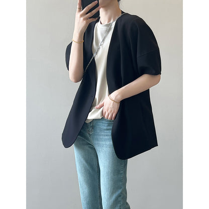 Blazer de manga corta con mangas abullonadas para mujer, chaqueta informal fina de media manga para primavera y verano