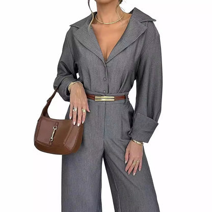 Ladies Suit Autumn Winter Polo Collar Long Sleeve Top Trousers Two Piece Set No Belt