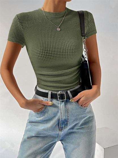 Spring Summer Slim Fit Pleating round Neck Knitted Short Sleeve T shirt