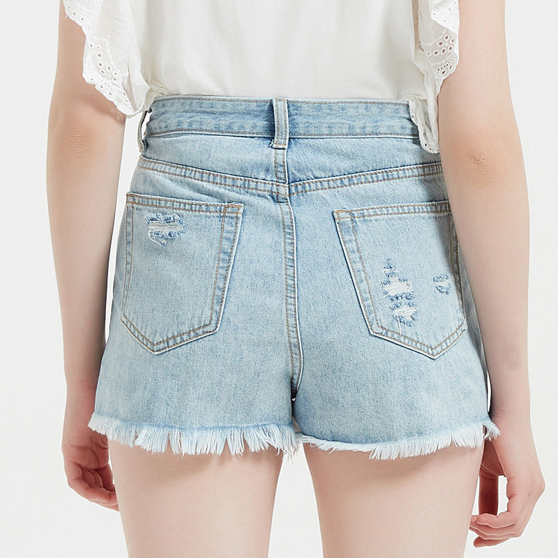 Women Summer High Waist Spot Denim Shorts Ripped Casual Pants