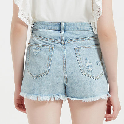 Damen Sommer High Waist Spot Denim Shorts Zerrissene Freizeithose