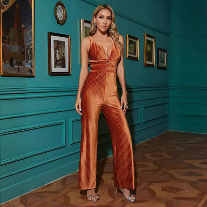 Sexy Strappy Low Cut Tight Waist Slim Slim Fit Slimming Sleeveless High Grade Straight Jumpsuit