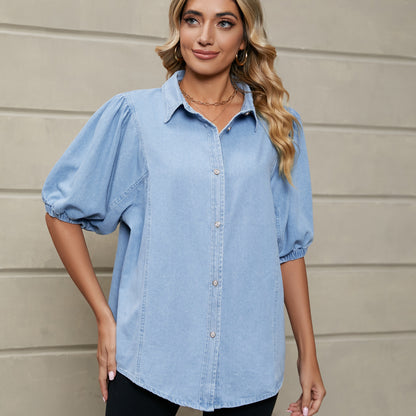 Camisa vaquera informal con mangas princesa elásticas para mujer