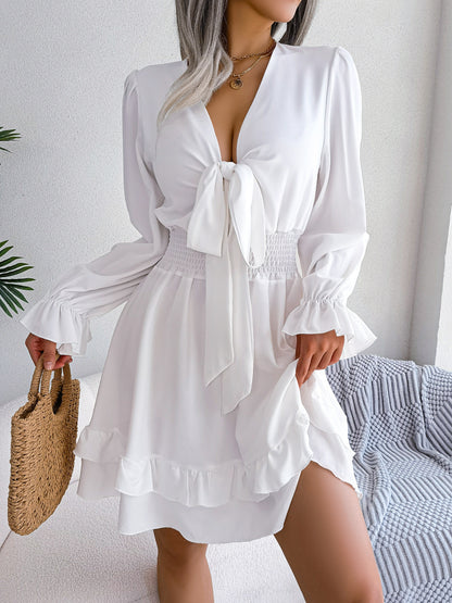 Spring Summer Casual Lace up Waist Tight Wooden Ear Swing Dress Women Clothing