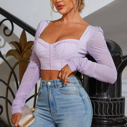 Women Clothing Mesh Long Sleeve Square-Neck Sexy Bandeau cropped Multi-Color Small Top Women