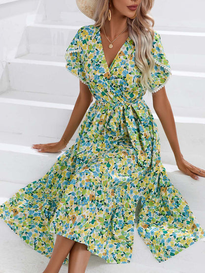 Damen Kleidung Kleid Sommer Kleine Blumen Split V-Ausschnitt Damen Kleidung