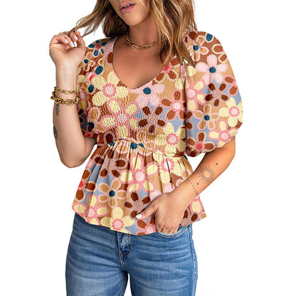 Camisa de gasa bohemia de verano para mujer, jersey con estampado Floral adelgazante en la cintura para mujer