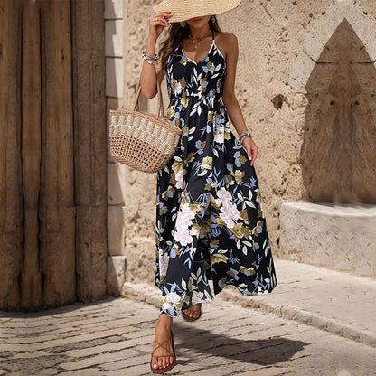 Summer Printing A Line Long Split Sling Backless Dress