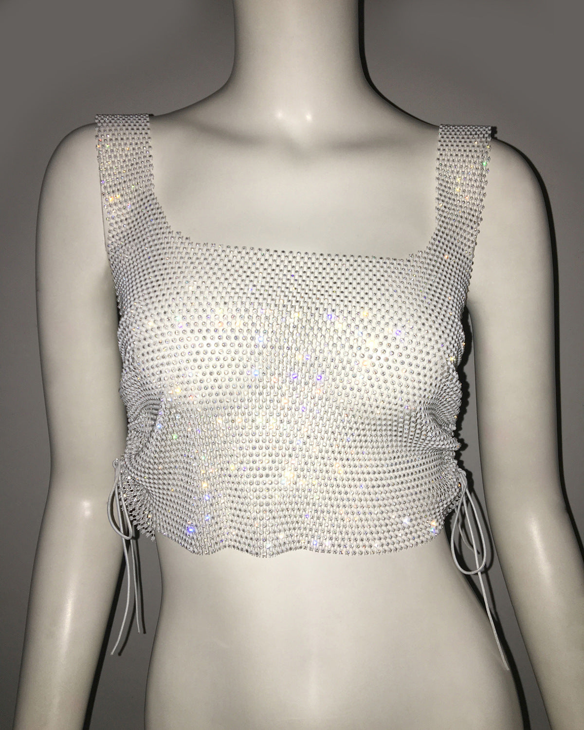 Sexy Vest Top Drawstring Vest Lace Up Adjustable Fishnet Rhinestone Sweet Spicy Top