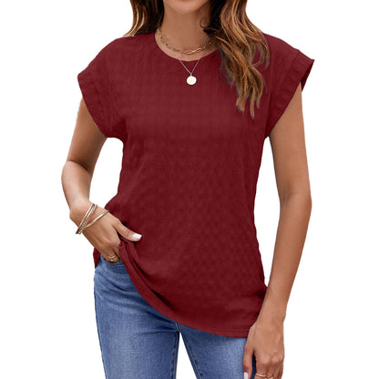 Frühling Sommer Einfarbig Jacquard Locker Sitzende rundhals Kurzarm T-shirt Top Frauen