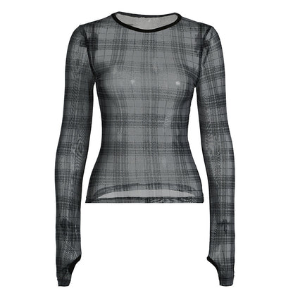 Sweet Spicy Retro Black Gray Color Matching Plaid See through Slim Fit Short Mesh T shirt Autumn Personality Slim Fit Top