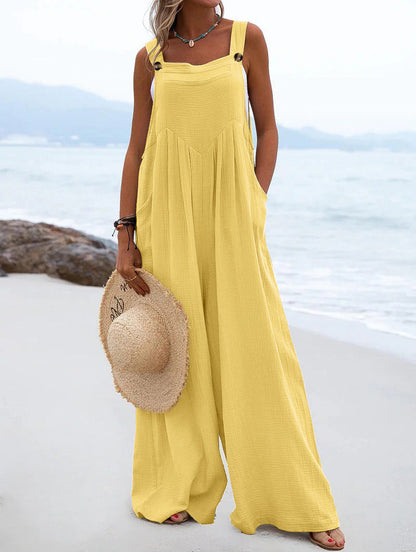 Women Clothing Summer Jumpsuit Ethnic Solid Color Wide Leg Jumpsuit