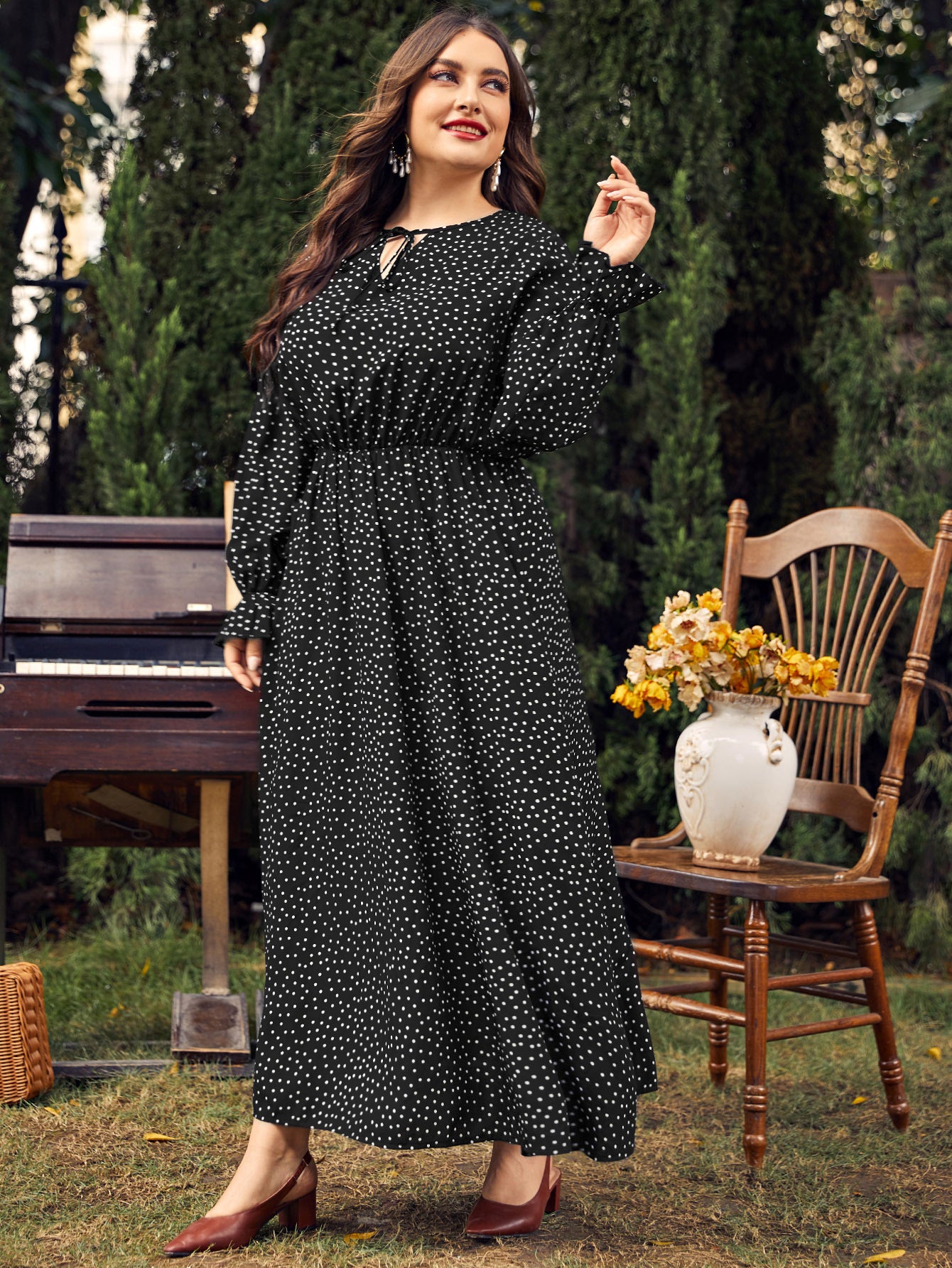 Plus Size Damenkleid Polka Dot Locker sitzendes Langarmkleid für Mädchen