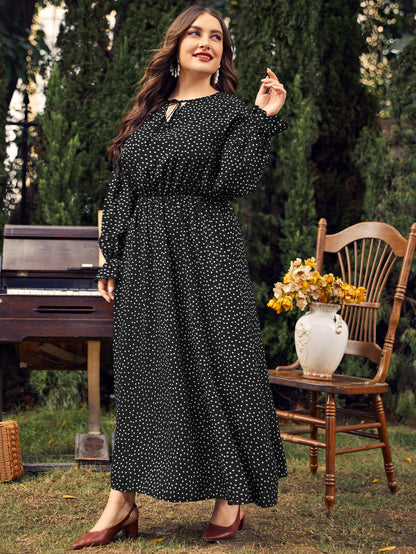 Plus Size Women Dress Polka-Dot Loose-Fitting Girls Long Sleeve Dress