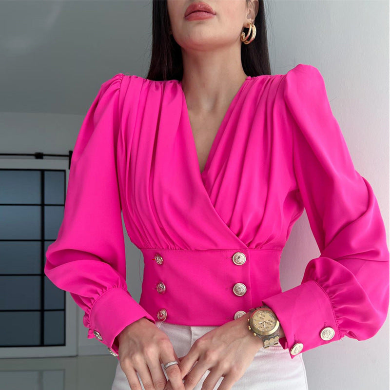 Shirt Women V neck Sexy Long Sleeve Short Waist Puff Sleeve Solid Color Shirt