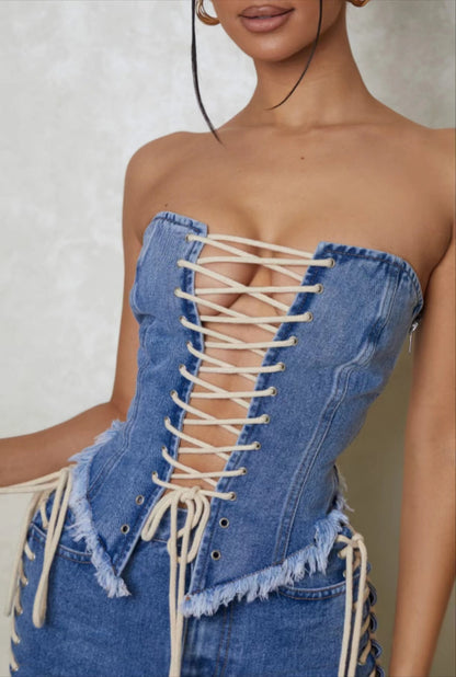 Frühling Sommer Beliebtes Retro Kreuzgurt Verstellbares gewaschenes Denim Tube Top