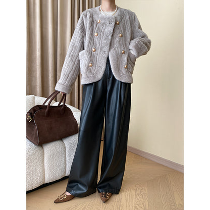 Urban Modern Soft Protein Leather Fleece Thickening Wide Leg Pants Fashionable Mopping Leather Pants