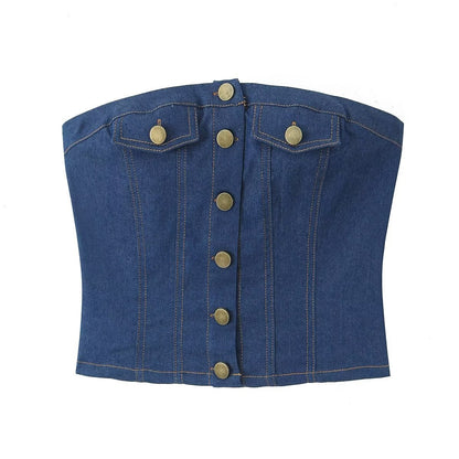 Sexy Slim Fit Row Button Denim Tube Top Sweet Cool All Match Sleeveless Vest Summer Women