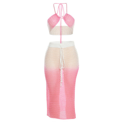 Ropa de mujer Vestido de punto de verano Halter con cordones Contraste degradado Conjunto de falda con abertura sexy