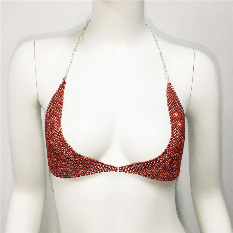 Ropa de mujer Body Cha Bikini exagerado con diamantes de imitación, collar en el pecho, sujetador Sexy con tirantes finos y cuello Halter para discoteca