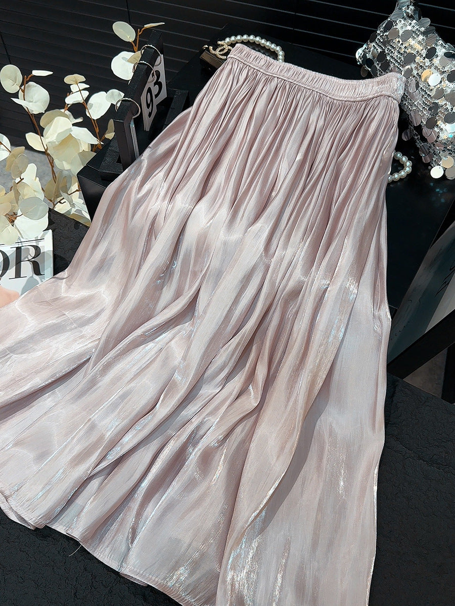 Retro Fashionable Pleated Drooping Slimming High Waist A line Skirt High Grade Glossy Pearlescent Chiffon Pleated Skirt