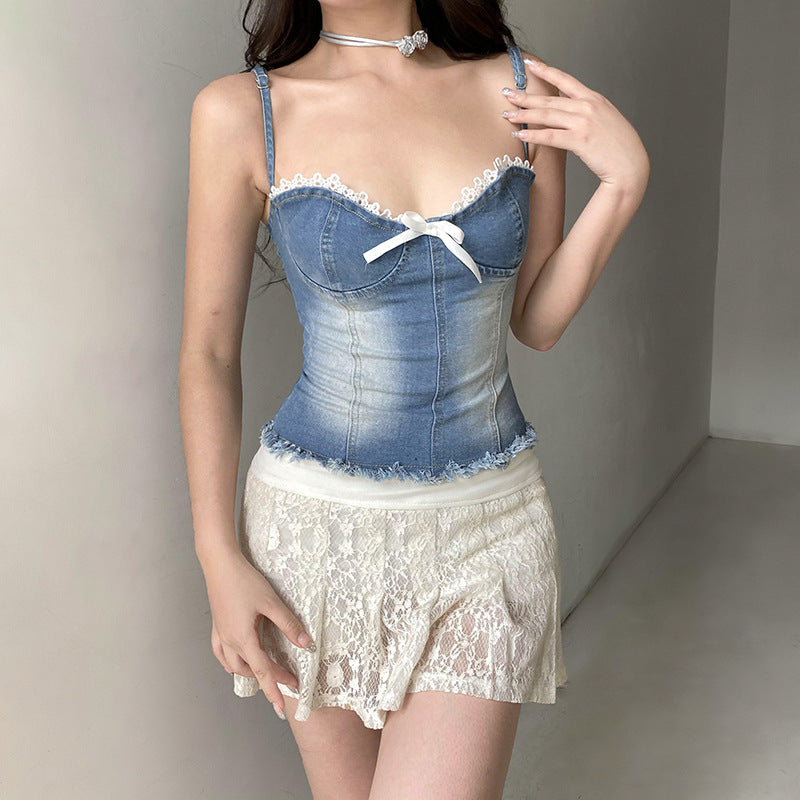 Street Washed Bow Lace Waist Tight Denim Vest Girl Slim Fit Sexy Sling