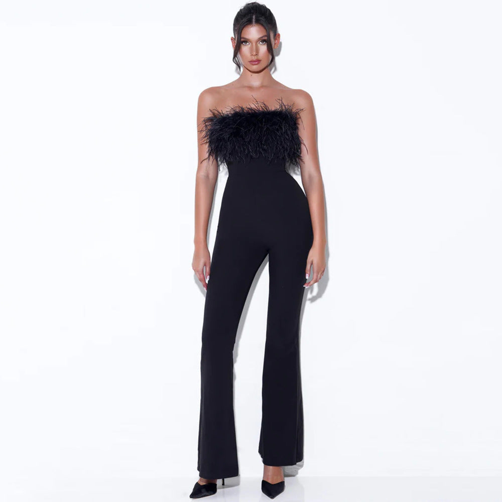 Sexy Tube Top Feather Bandage Jumpsuit High Waist Stretchy Wide Leg Flared Pants Women Clothing