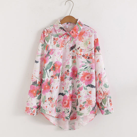 Camisa de manga larga con cuello holgado y estampado floral para mujer