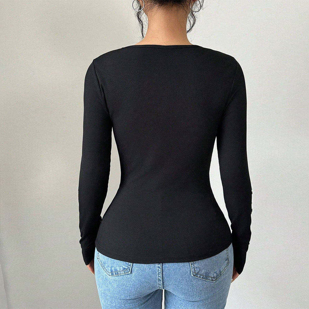 Women Clothing Simple Office T Shirt Autumn Winter Round Neck Slim Fit All Match Inner Bottoming Top