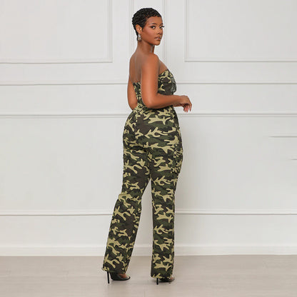 Women Sexy Nightclub Off Shoulder Tube Top Elastic Waist Zipper Camouflage Jumpsuit