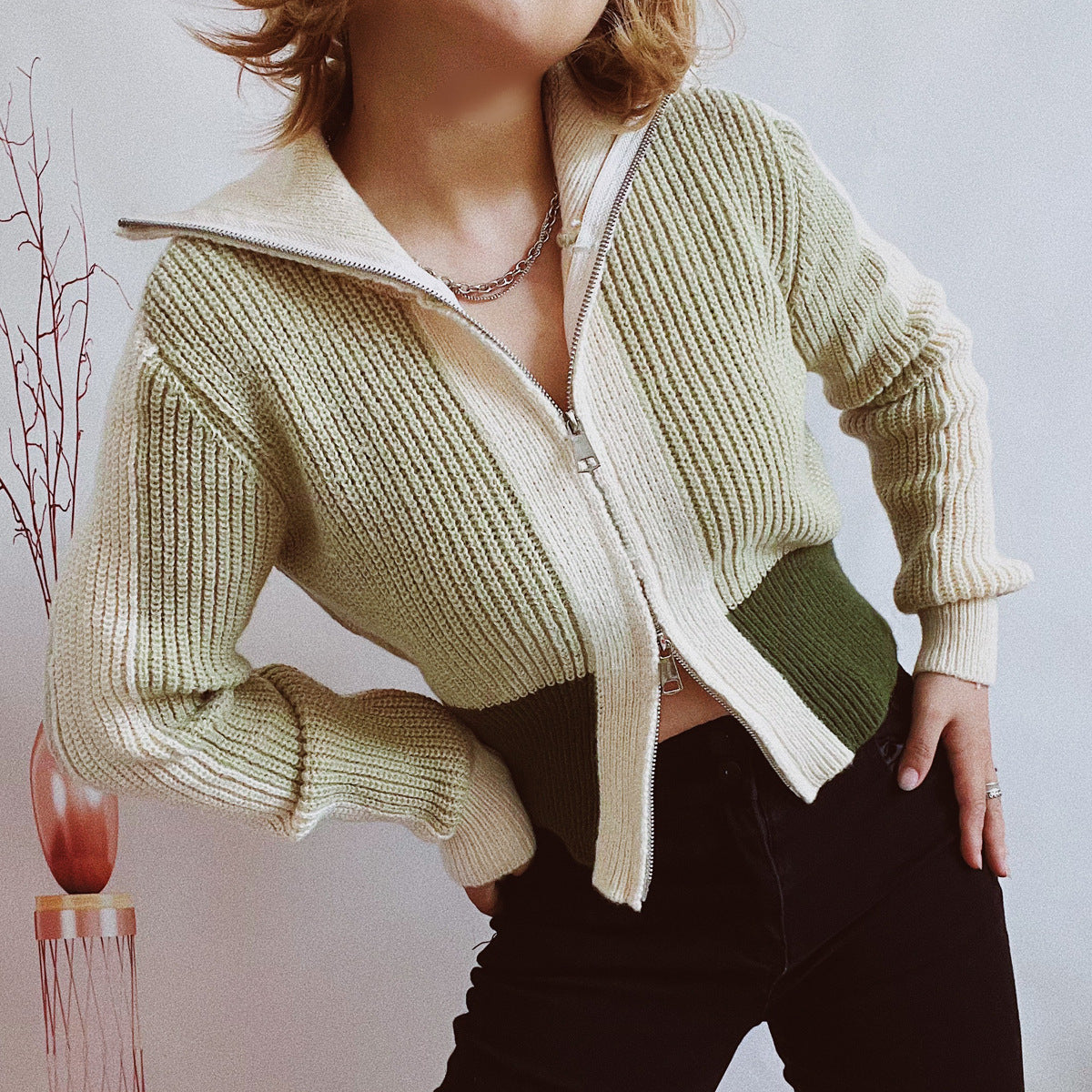 Office Slim-Fit Double Zipper Color Contrast Patchwork Turtleneck Long Sleeve Sweater Cardigan Women