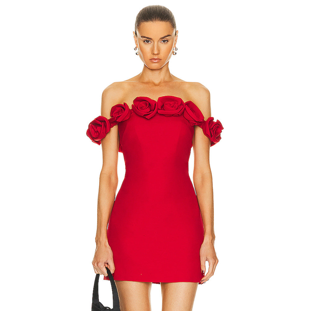 Vestido rojo con flores Bardot Ropa de verano para mujer Vestido elástico