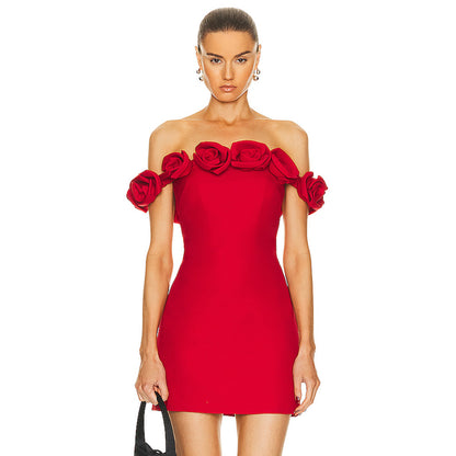 Rotes Bardot-Blumenkleid, Sommerkleid für Damen, Stretchkleid