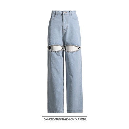 Pantalones vaqueros de pierna ancha para primavera y verano, pantalones de cintura alta para mujer, pantalones de pierna recta con agujeros y nicho con cuentas de diamantes