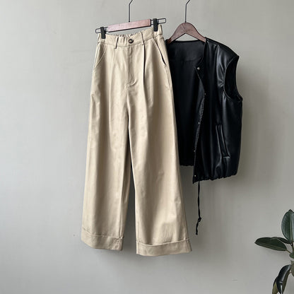 Hohe Taille Breite Bein Casual Hosen Frauen Herbst Tencel Baumwolle Lose Gerade Bein Kanten Hosen