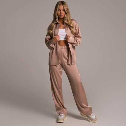 Spring Autumn Long Sleeve Shirt Suit Women Loose Elegant Trousers Solid Color Women Two Piece Suit