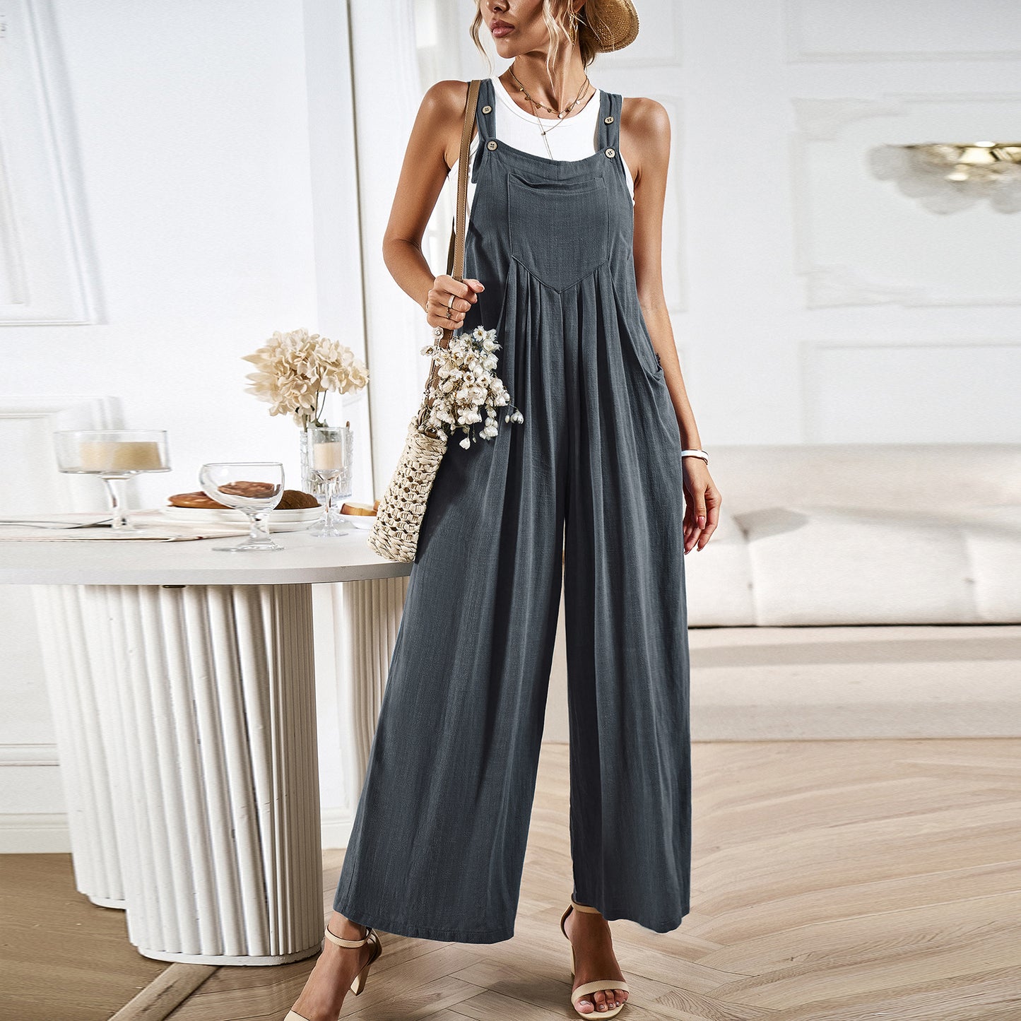 Solid Color Suspender Pants Women Summer Loose Wide Leg One Piece Trousers