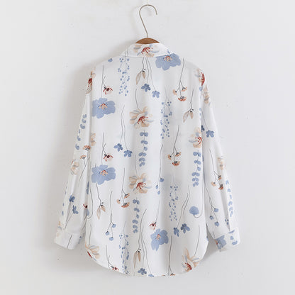 Women Floral Print Loose Collared Long Sleeves Shirt Top