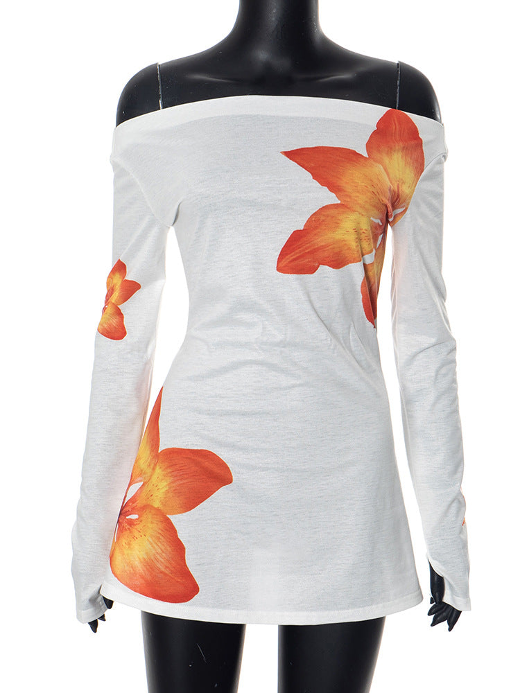 Sexy Off Neck Beautiful Maple Leaf Printed Mesh Long Sleeve Thin Sexy Summer