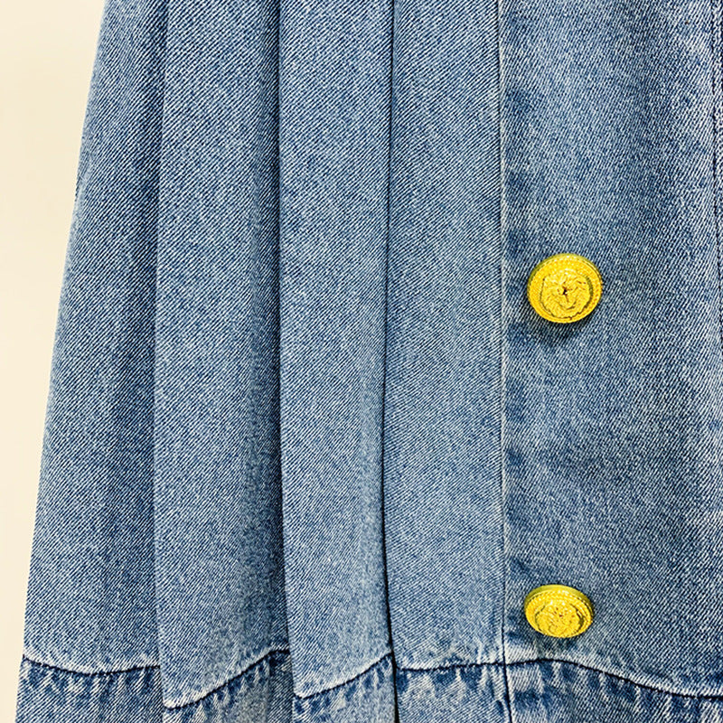 Goods Star Double Breasted Lion Buckle Pleated Wash Denim Skirt Short Skirt