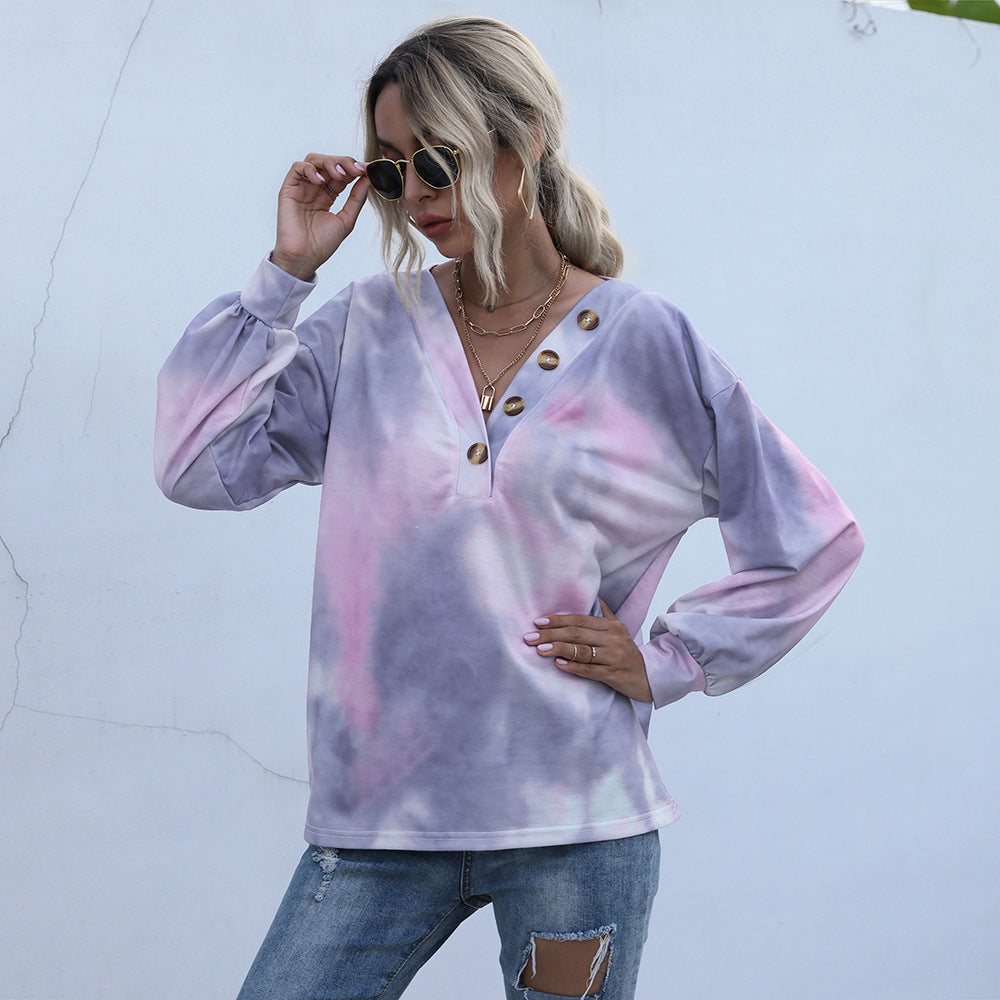 Ropa para mujer, camiseta holgada con efecto tie dye y degradado, top sexy informal con cuello en V