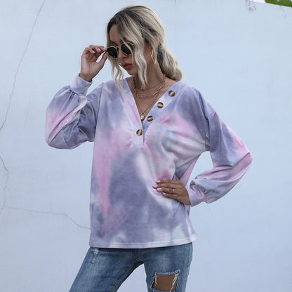 Women Clothes Loose Tie Dye Gradient T-shirt Sexy Casual V neck Top