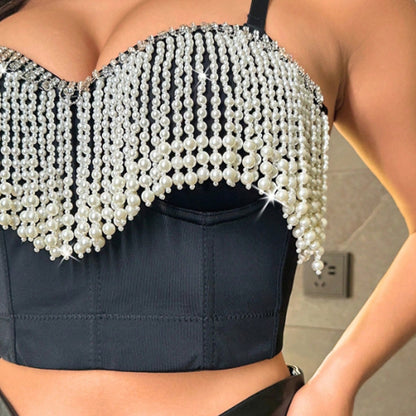 Women Clothes Stage Wrapped Chest Tight Tassel Bead Bra Camisole Women Top