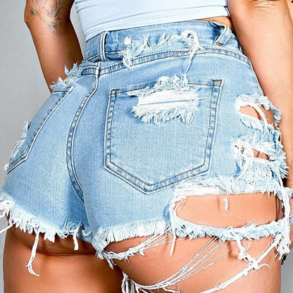 Jeans Damen Sommer Trendy High Waist Ripped Fringe Shorts