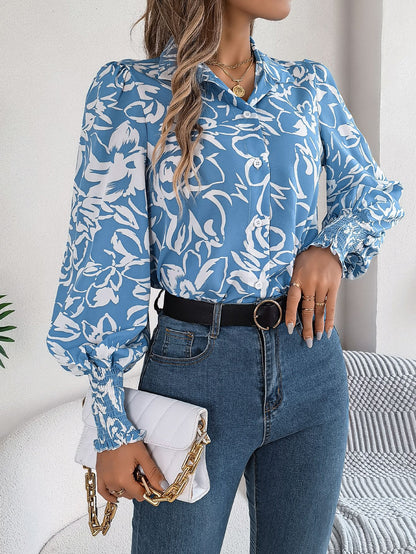 Real Shot Autumn Winter Elegant Contrast Color Floral Lantern Sleeve Collared Shirt Women Clothing