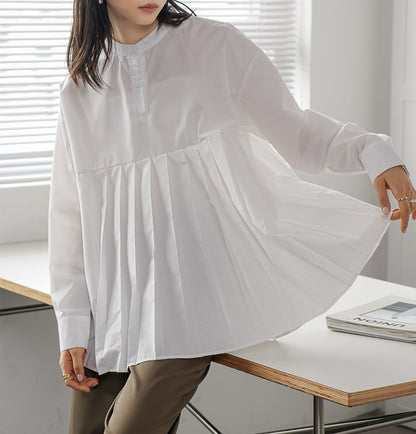 Japanese Letian Spring Loose Solid Color Pleated Shirt Women Mid Length Bottoming Shirt