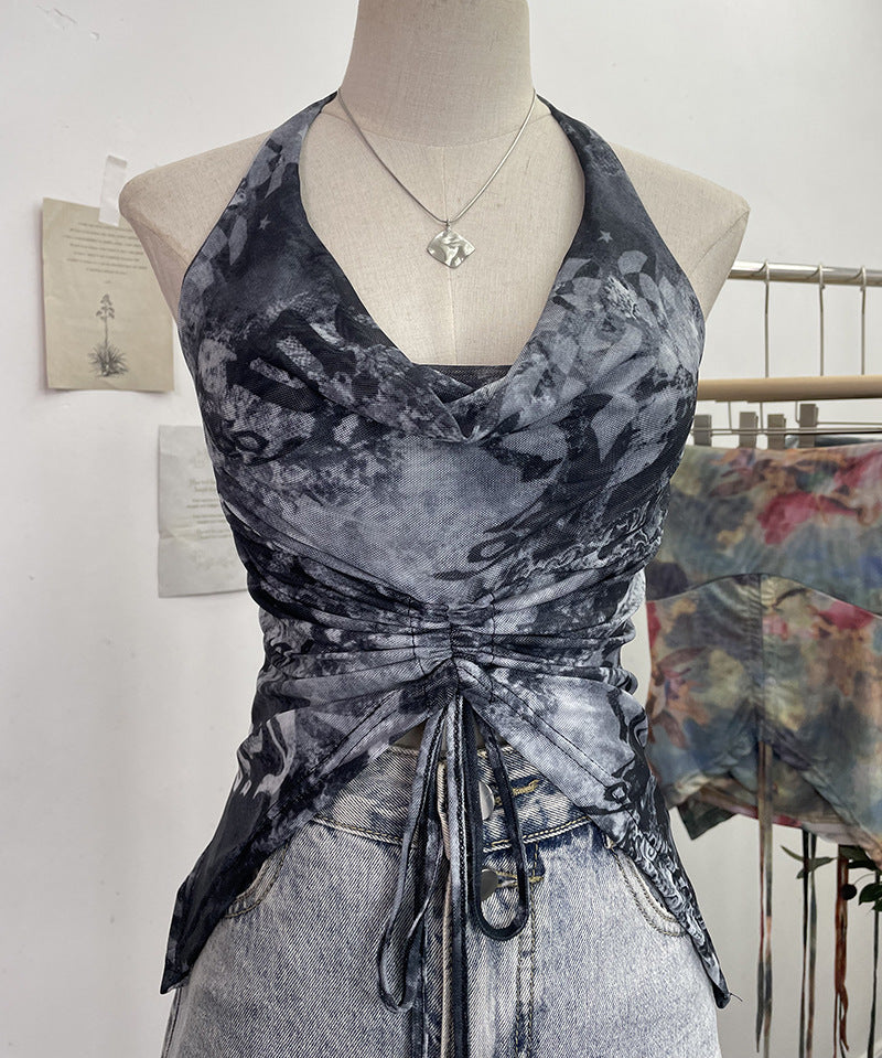 Vacation Halter Swing Collar Drawstring Lace Camisole Tie Dyed Short Mesh Sleeveless Top