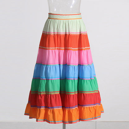 Vacation Rainbow Striped Skirt Autumn High Waist Stitching Colorful Loose Slimming Midi Skirt for Women